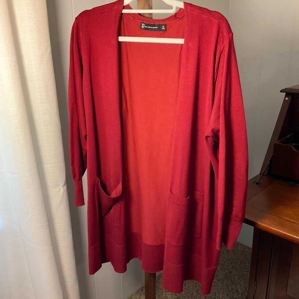 New York & Co. Berrylicious 3/4 Sleeve Patch Pocket Open Front Cardigan Sweater